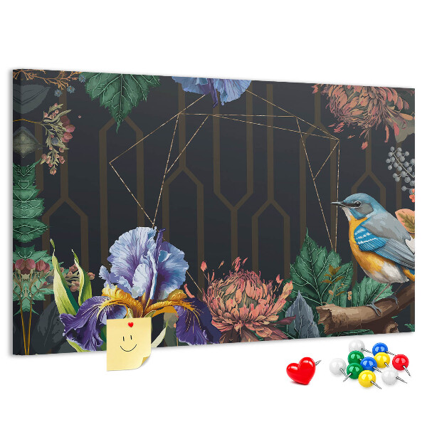 Tablero de anuncios con estampado floral de pájaro colorido