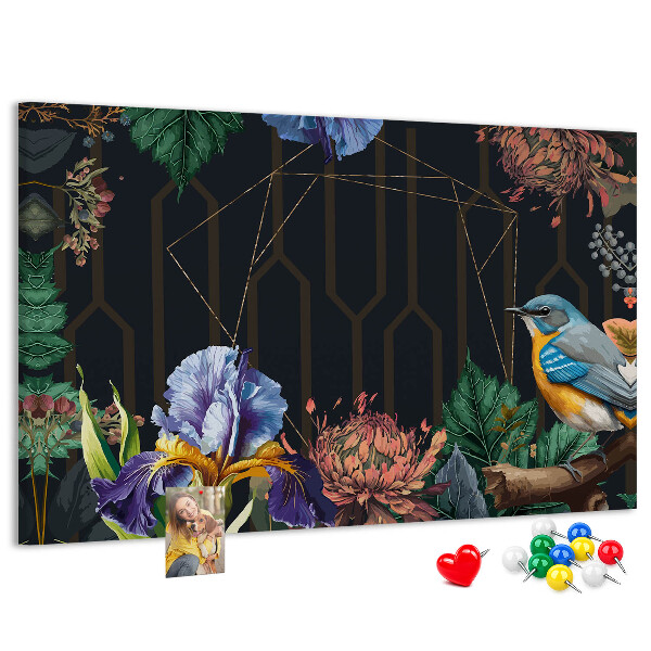 Tablero de anuncios con estampado floral de pájaro colorido