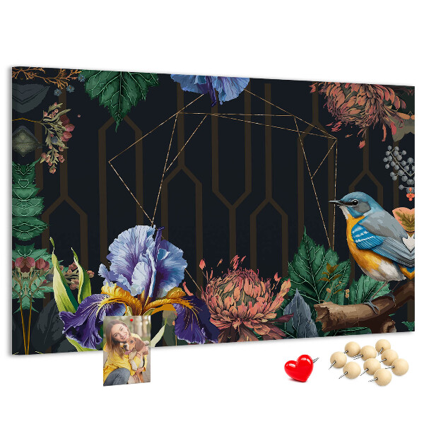 Tablero de anuncios con estampado floral de pájaro colorido