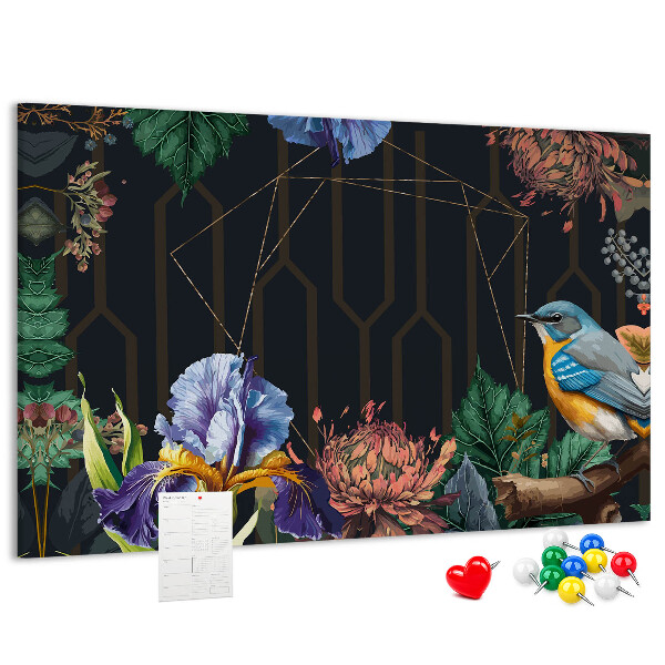 Tablero de anuncios con estampado floral de pájaro colorido