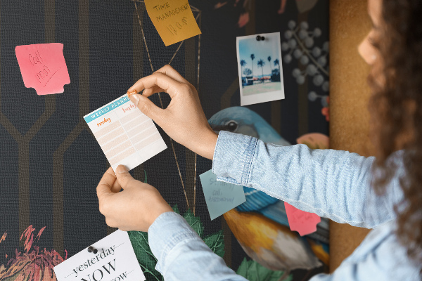 Tablero de anuncios con estampado floral de pájaro colorido