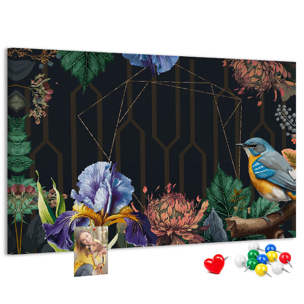 Tablero de anuncios con estampado floral de pájaro colorido