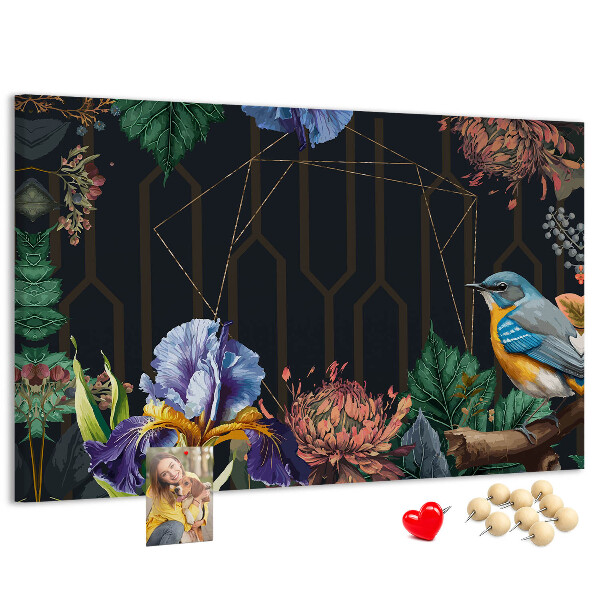 Tablero de anuncios con estampado floral de pájaro colorido