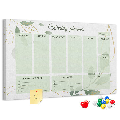 Pizarra de corcho Agenda semanal verde con detalles de plantas.