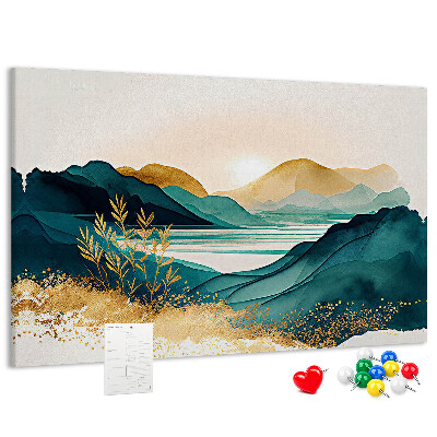Tablero de corcho decorado Colinas doradas sobre un lago tranquilo.