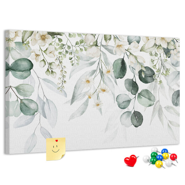 Pizarra de corcho con diseños florales y de hojas en tonos pastel