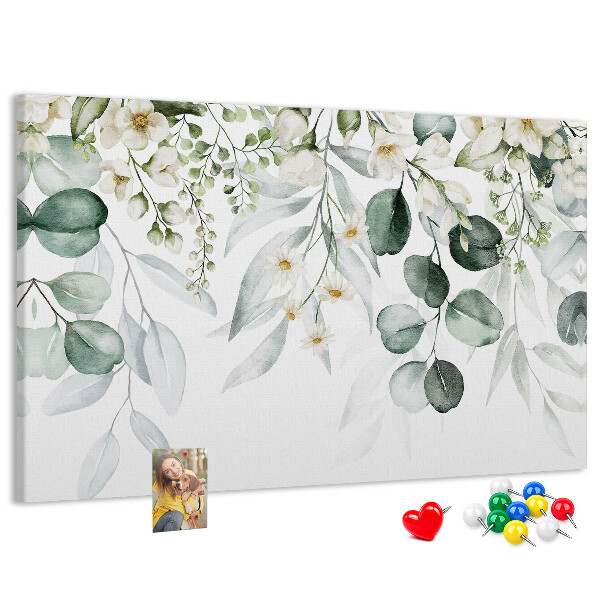 Pizarra de corcho con diseños florales y de hojas en tonos pastel