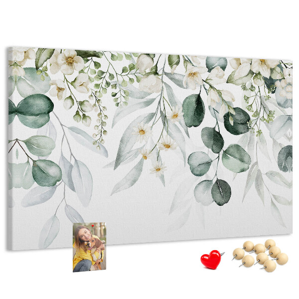 Pizarra de corcho con diseños florales y de hojas en tonos pastel