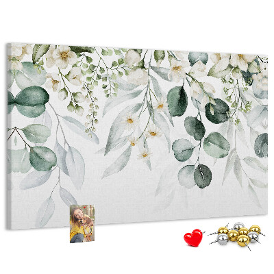 Pizarra de corcho con diseños florales y de hojas en tonos pastel