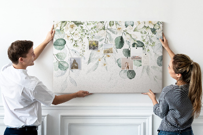 Pizarra de corcho con diseños florales y de hojas en tonos pastel