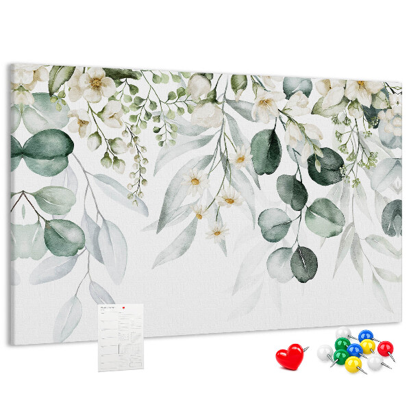 Pizarra de corcho con diseños florales y de hojas en tonos pastel