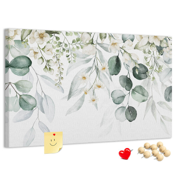 Pizarra de corcho con diseños florales y de hojas en tonos pastel