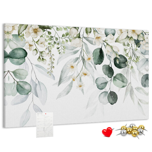 Pizarra de corcho con diseños florales y de hojas en tonos pastel