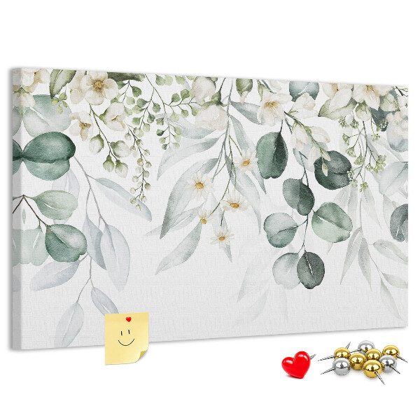 Pizarra de corcho con diseños florales y de hojas en tonos pastel