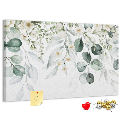 Pizarra de corcho con diseños florales y de hojas en tonos pastel