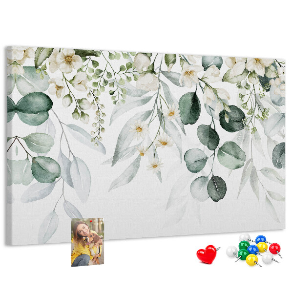 Pizarra de corcho con diseños florales y de hojas en tonos pastel