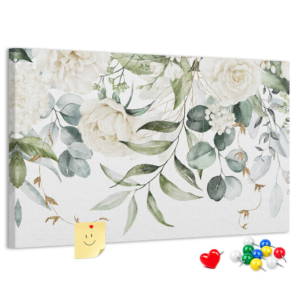 Pizarra de corcho con diseño de hojas verdes y flores