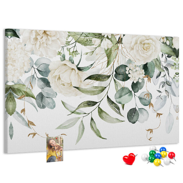 Pizarra de corcho con diseño de hojas verdes y flores