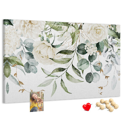 Pizarra de corcho con diseño de hojas verdes y flores
