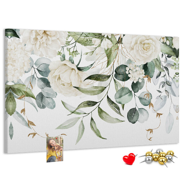 Pizarra de corcho con diseño de hojas verdes y flores