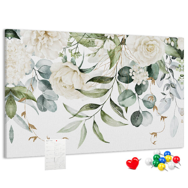 Pizarra de corcho con diseño de hojas verdes y flores