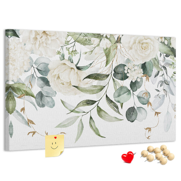 Pizarra de corcho con diseño de hojas verdes y flores
