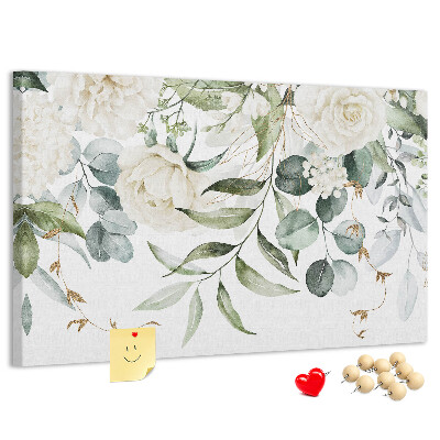 Pizarra de corcho con diseño de hojas verdes y flores