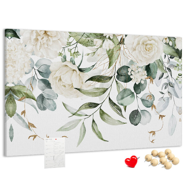 Pizarra de corcho con diseño de hojas verdes y flores