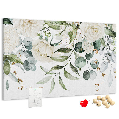 Pizarra de corcho con diseño de hojas verdes y flores