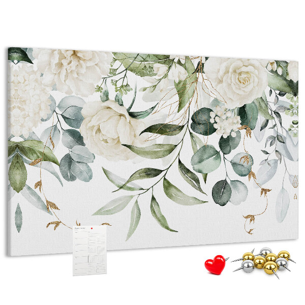Pizarra de corcho con diseño de hojas verdes y flores