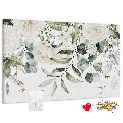 Pizarra de corcho con diseño de hojas verdes y flores