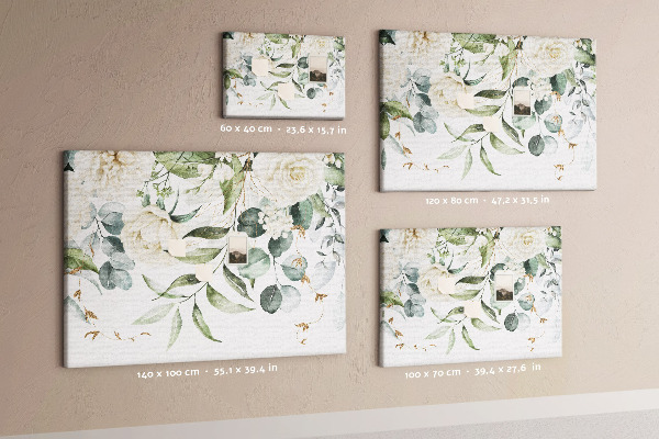 Pizarra de corcho con diseño de hojas verdes y flores