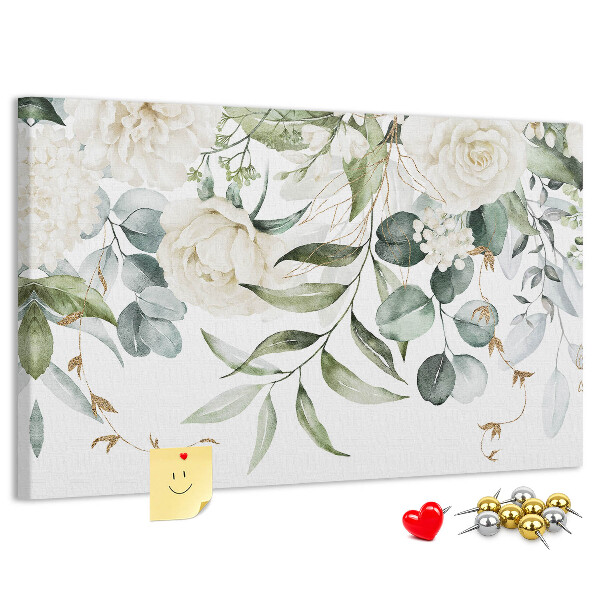 Pizarra de corcho con diseño de hojas verdes y flores