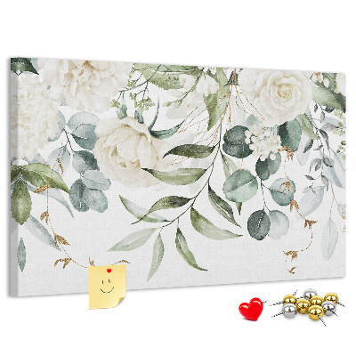 Pizarra de corcho con diseño de hojas verdes y flores