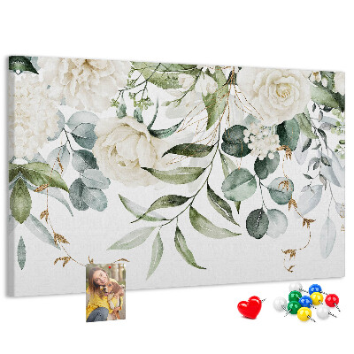 Pizarra de corcho con diseño de hojas verdes y flores