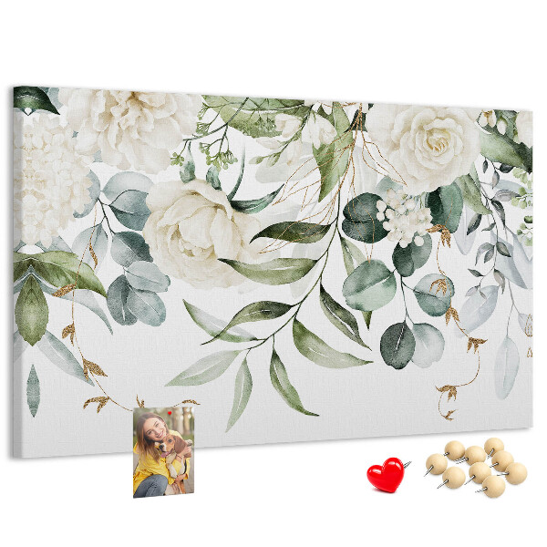 Pizarra de corcho con diseño de hojas verdes y flores