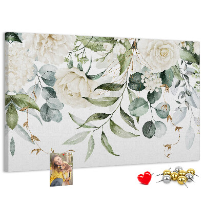 Pizarra de corcho con diseño de hojas verdes y flores