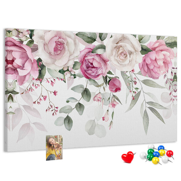 Tablero de corcho decorativo con estampado floral en delicados tonos de rosa