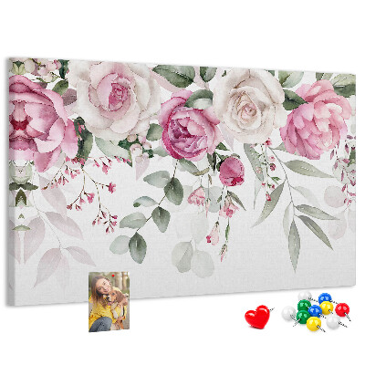 Tablero de corcho decorativo con estampado floral en delicados tonos de rosa