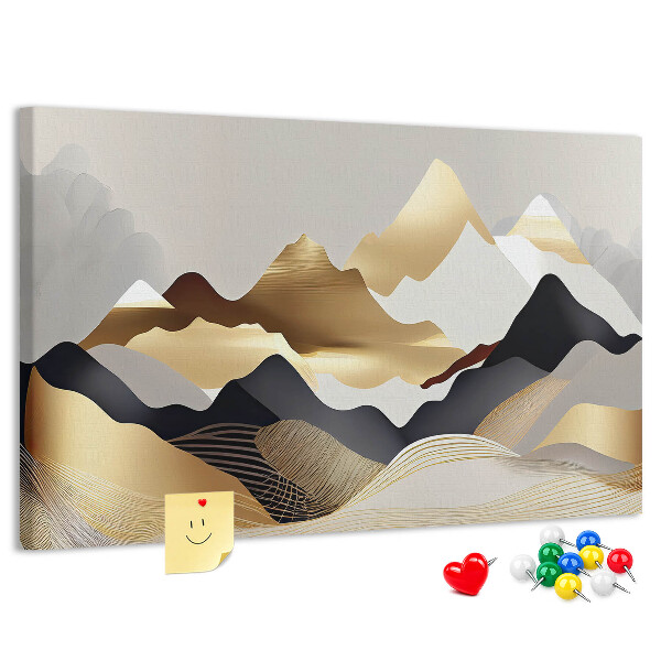 Tablero de anuncios montañas doradas sobre un fondo gris