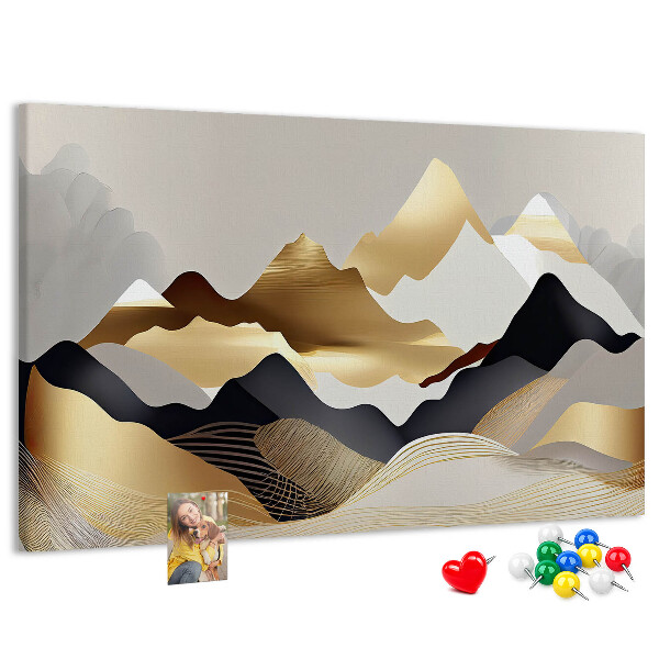 Tablero de anuncios montañas doradas sobre un fondo gris