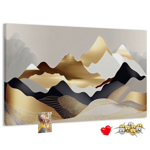 Tablero de anuncios montañas doradas sobre un fondo gris