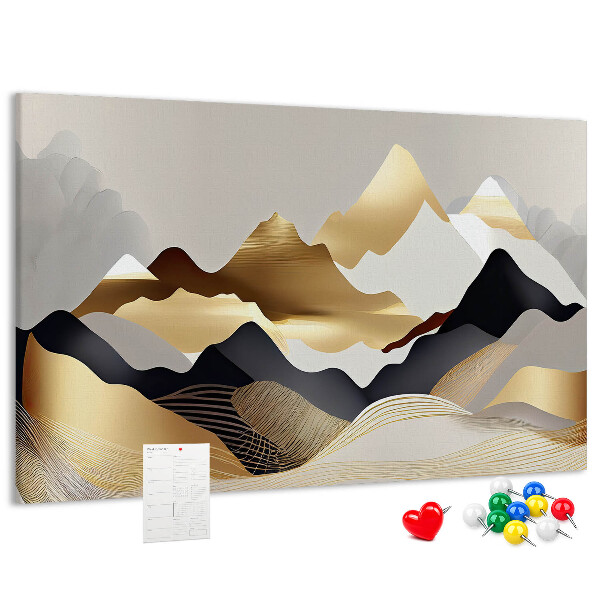 Tablero de anuncios montañas doradas sobre un fondo gris