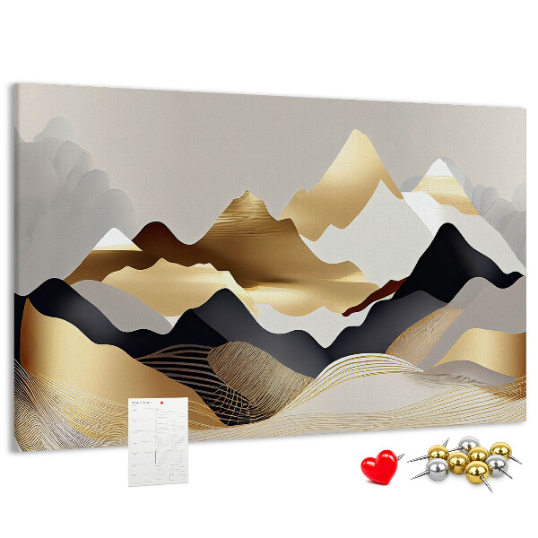 Tablero de anuncios montañas doradas sobre un fondo gris