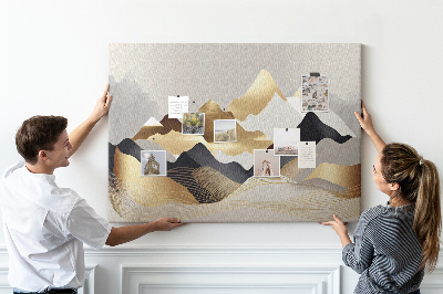 Tablero de anuncios montañas doradas sobre un fondo gris