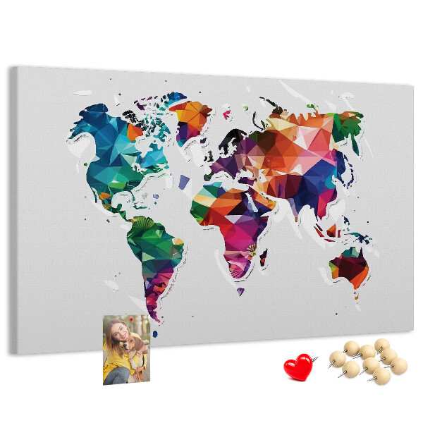 Tablero de corcho decorado mapamundi colorido con diseño geométrico
