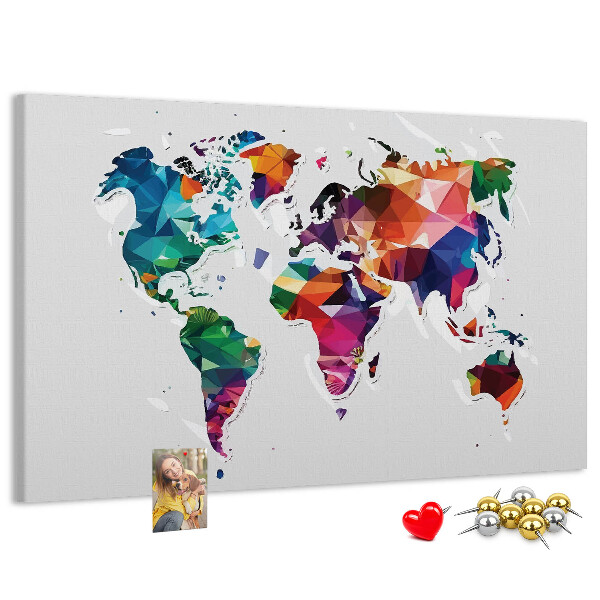 Tablero de corcho decorado mapamundi colorido con diseño geométrico