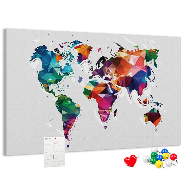 Tablero de corcho decorado mapamundi colorido con diseño geométrico