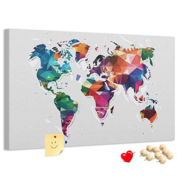 Tablero de corcho decorado mapamundi colorido con diseño geométrico