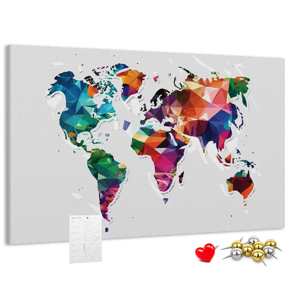 Tablero de corcho decorado mapamundi colorido con diseño geométrico